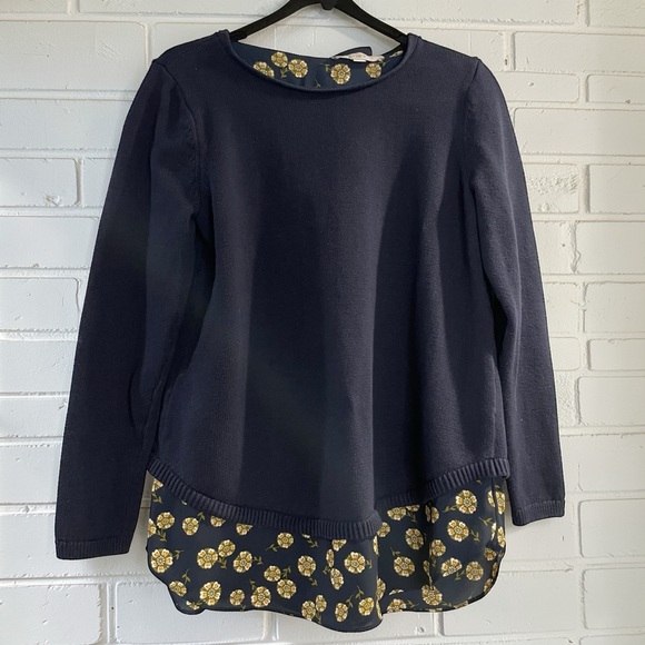LOFT Sweaters - LOFT Navy Mixed Media Sweater Blouse Floral Hem Tie Back Cottagecore Medium